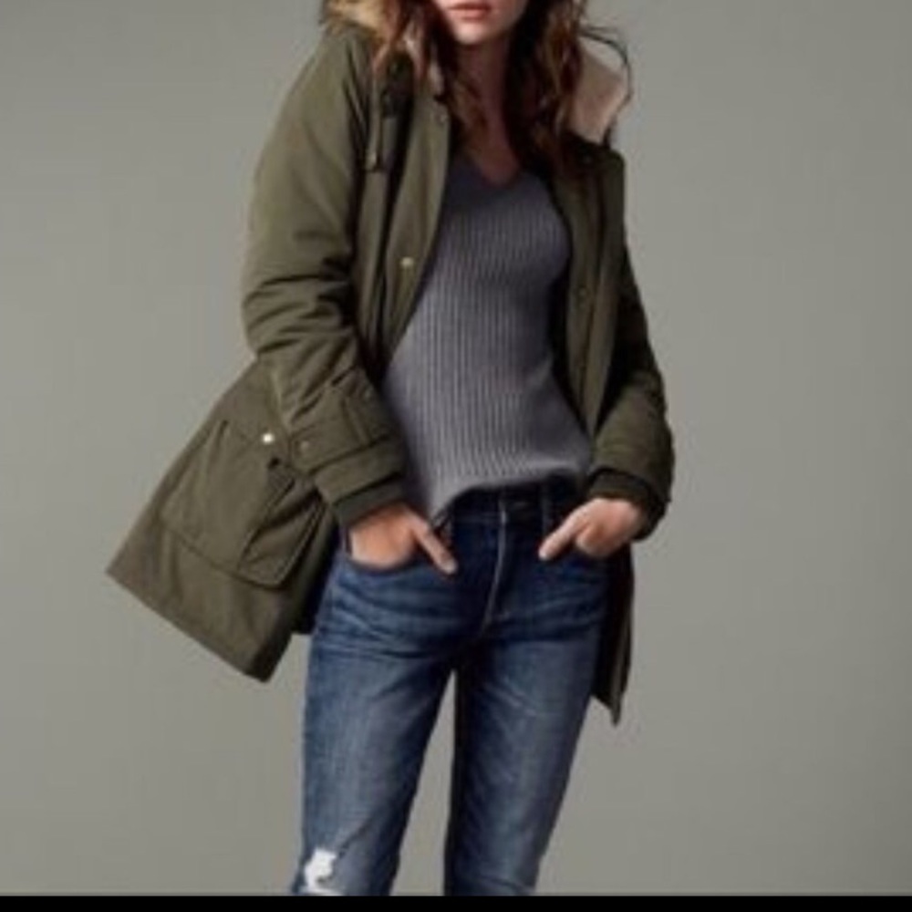 HALOGEN-Light Army Green Fur Trim Hooded Parka Utility Jacket Size Small